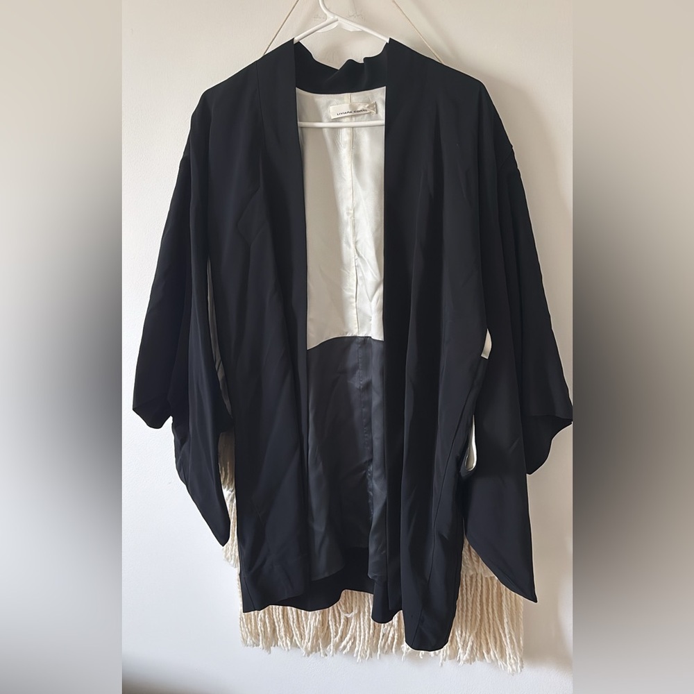Liviana Conti Tassel Long Blazer Open Jacket Wide Open Batwing Sleeves Black